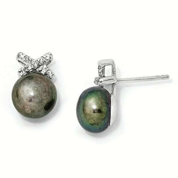 Solid 925 Sterling Silver 10-11mm FW Cultured Button Simulated Pearl Green Earrings 